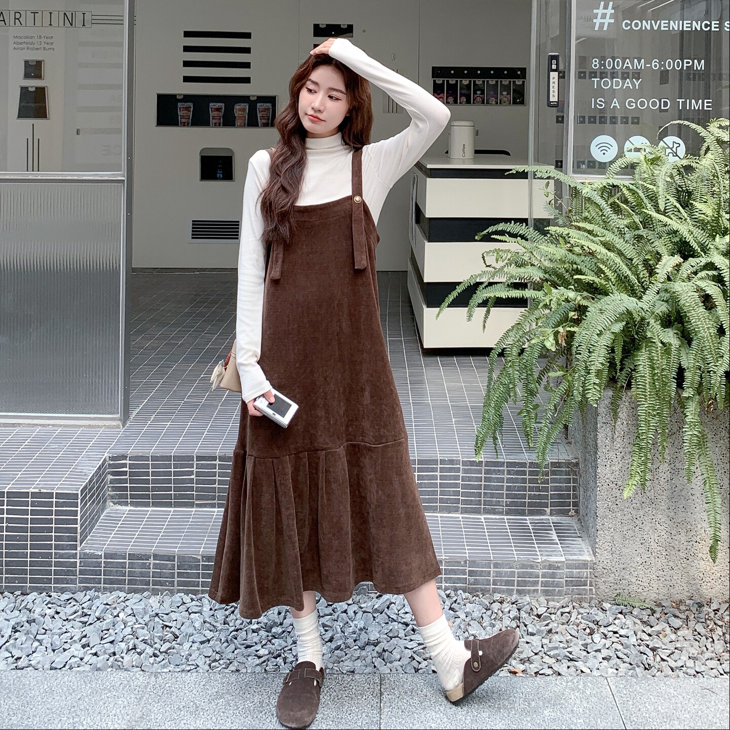 咖色复古设计感背带连衣裙套装女2025秋季温柔风打底衫长裙两件套,女装套装/套裙,2C206