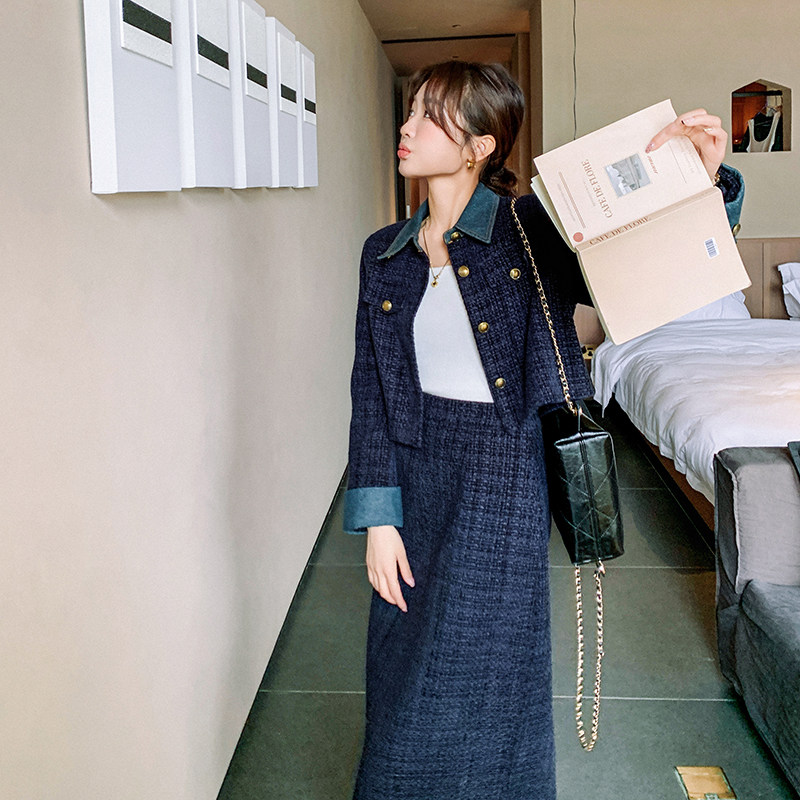 高级贵气感穿搭牛仔拼接藏青色小香风套装女春秋夹克半身裙两件套,女装套装/套裙,2C316