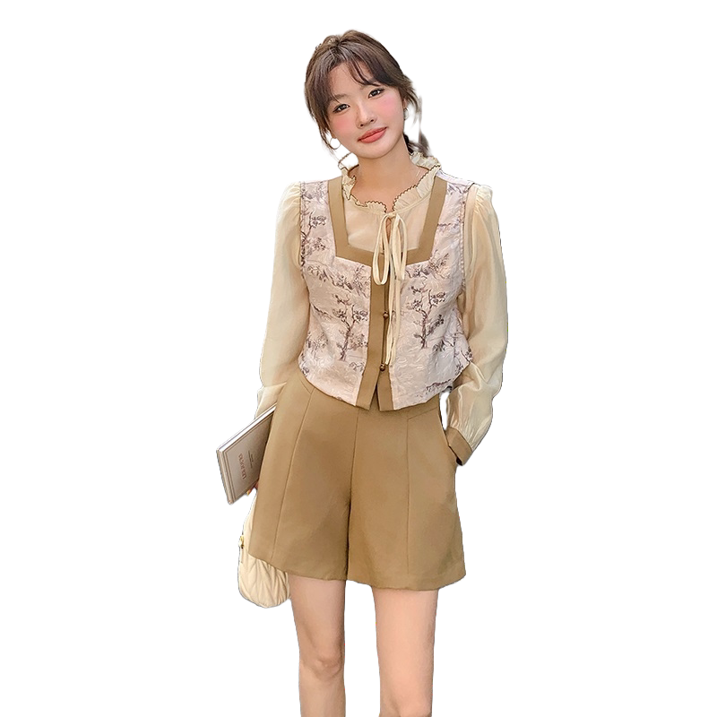 新中式国风印花盘扣马甲短裤套装女2025夏季新款设计感时尚三件套,女装套装/套裙,2C291
