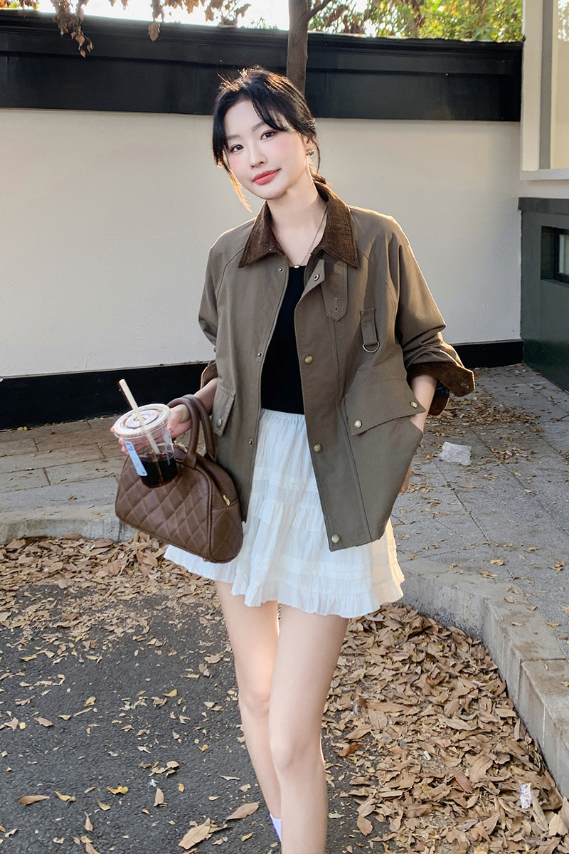 复古咖色灯芯绒拼接工装外套女2025春季新款休闲百搭宽松夹克上衣,女装短外套,2C206