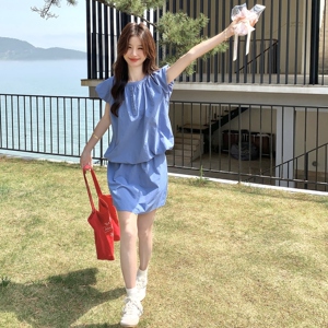 现货夏装新款时尚百搭花苞袖上衣＋短裙两件套2C135-8867P135L208图片