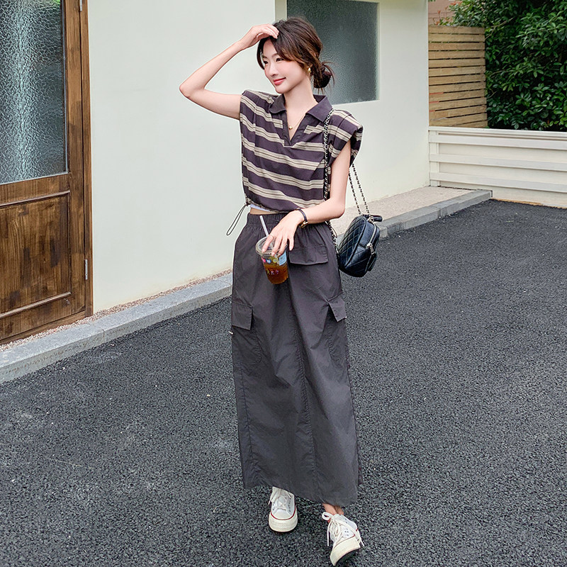 休闲条纹无袖背心套装女2025夏季新款时尚气质显瘦半身裙两件套,女装套装/套裙,2C115