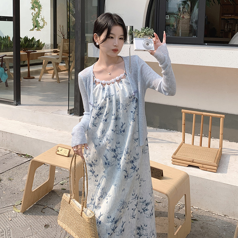 时尚碎花设计感串珠新中式吊带裙女2024春夏新款披肩图片