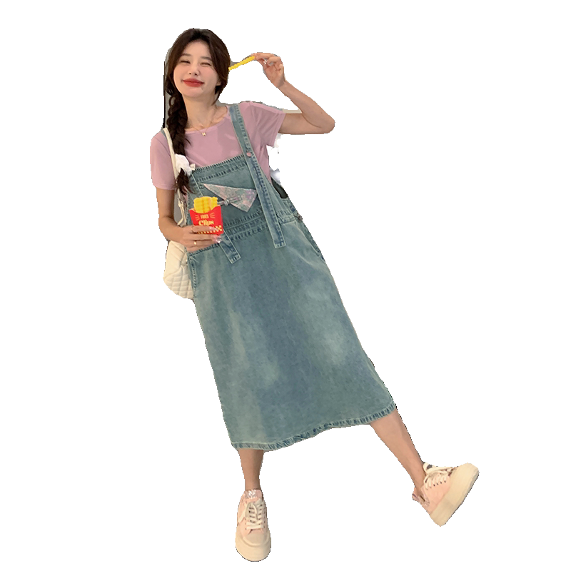 港风复古牛仔背带连衣裙女夏新款可盐可甜宽松显瘦开叉学生长裙,女装套装/套裙,2C280
