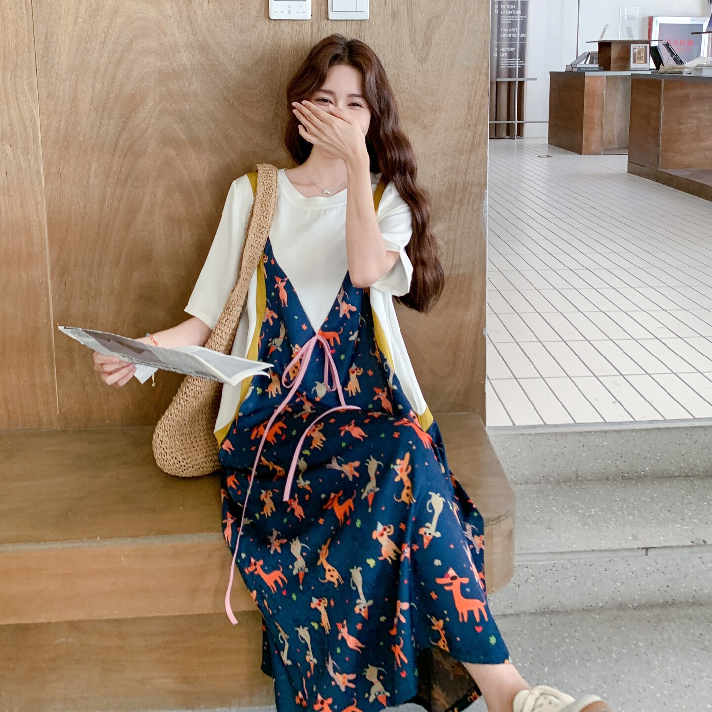 休闲t恤拼接吊带假两件蓝色趣味印花连体裤女夏2025洋气减龄短裤,女装连衣裙,2C206