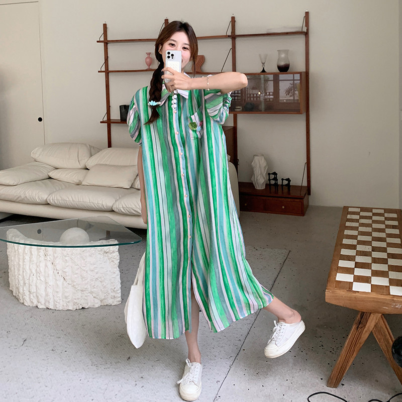 小众气质衬衫连衣裙女2025年夏季新款时尚条纹长裙宽松高级感裙子,女装连衣裙,2C115