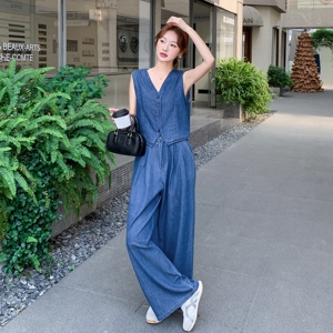 港风老钱风无袖牛仔马甲阔腿裤套装女夏2025新款两件套巨好看流行图片