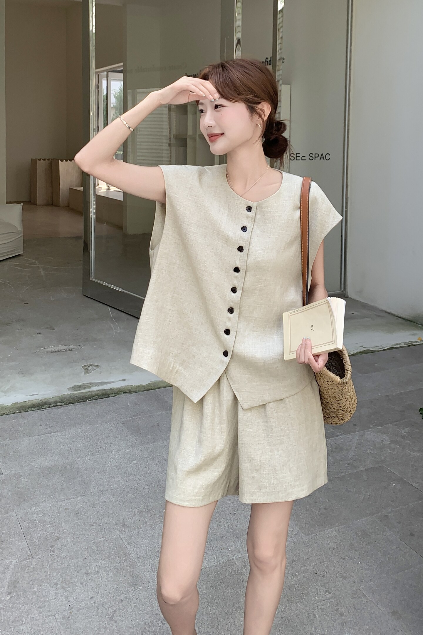 韩系chic气质单排扣马甲阔腿短裤两件套女2025夏季新款高级感简约,女装套装/套裙,2C159