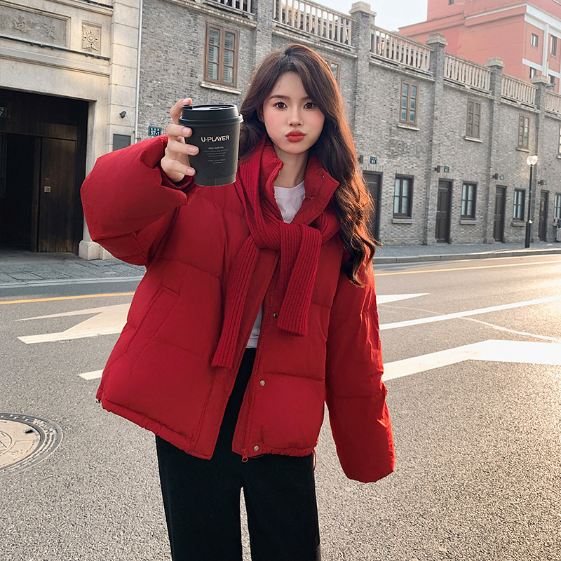 韩系短款新年红加厚羽绒服女2025冬季新款显瘦保暖立领白鸭绒外套图片