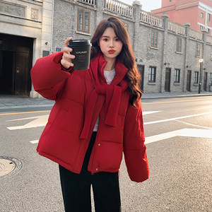 韩系短款新年红加厚羽绒服女2025冬季新款显瘦保暖立领白鸭绒外套图片