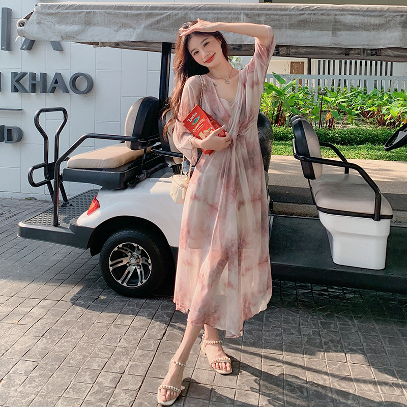 度假风仙女粉连衣裙女春秋2025新款超火好看氛围感独特漂亮长裙子,女装连衣裙,2C088