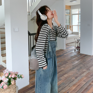 牛仔背带裤套装女2025春秋新款韩系复古设计感休闲宽松上衣两件套图片