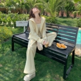 黄色韩系一整套休闲连帽卫衣套装女2025秋季新款直筒阔腿裤两件套，女装套装/套裙，2D036