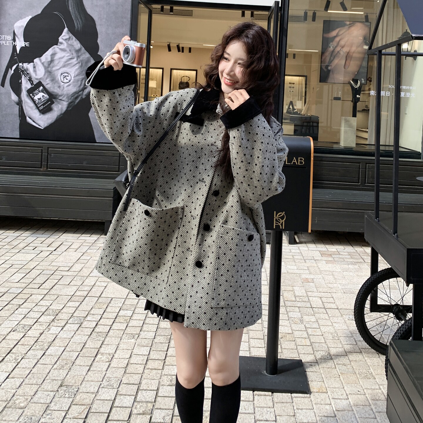 韩版灰色波点毛呢外套女2025秋冬新款时尚高级感小个子老钱风大衣,女装毛呢外套,2C177