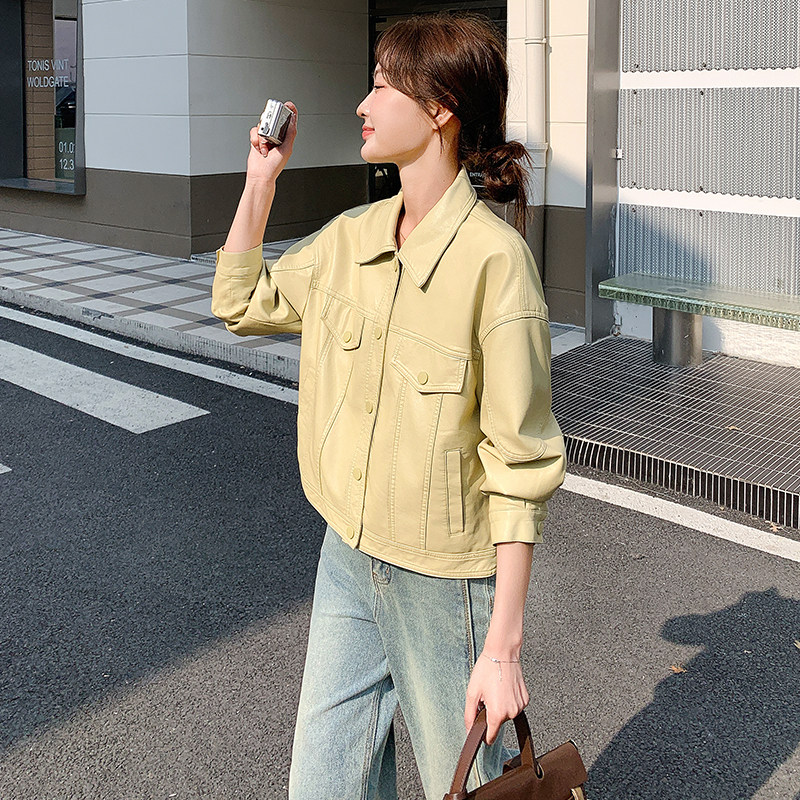 减龄黄色工装PU皮衣外套女2025春秋季新款炸街机车风显瘦夹克上衣,女装皮衣,2C233