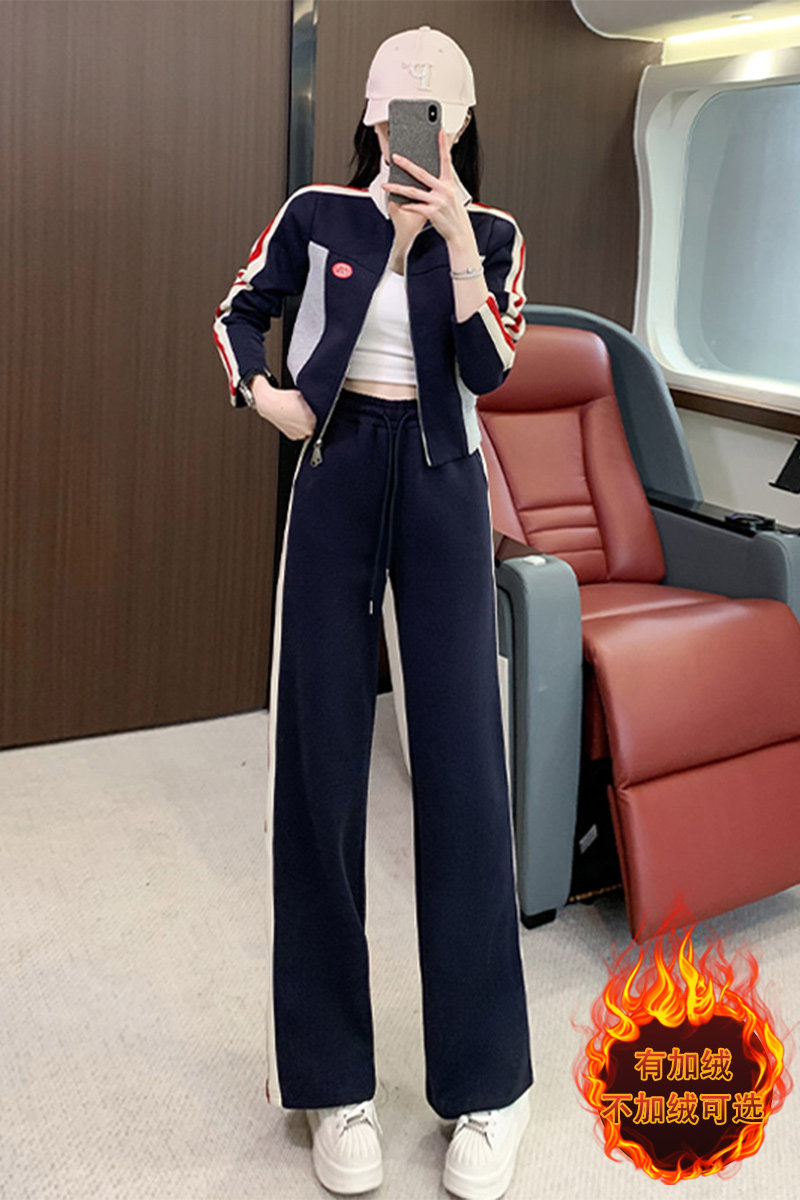 女秋冬修身显瘦拼色立领开衫上衣阔腿裤两件套,女装套装/套裙,2C310