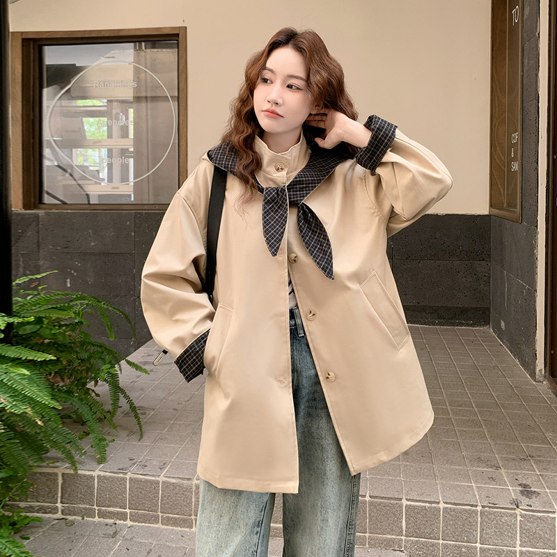 卡其色格子拼接风衣外套女2025秋季新款韩版今年流行气质时尚大衣图片