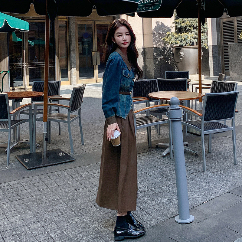 又美又飒气质套装裙女2025秋季新款牛仔外套皮衣半身裙时尚两件套,女装套装/套裙,2C159