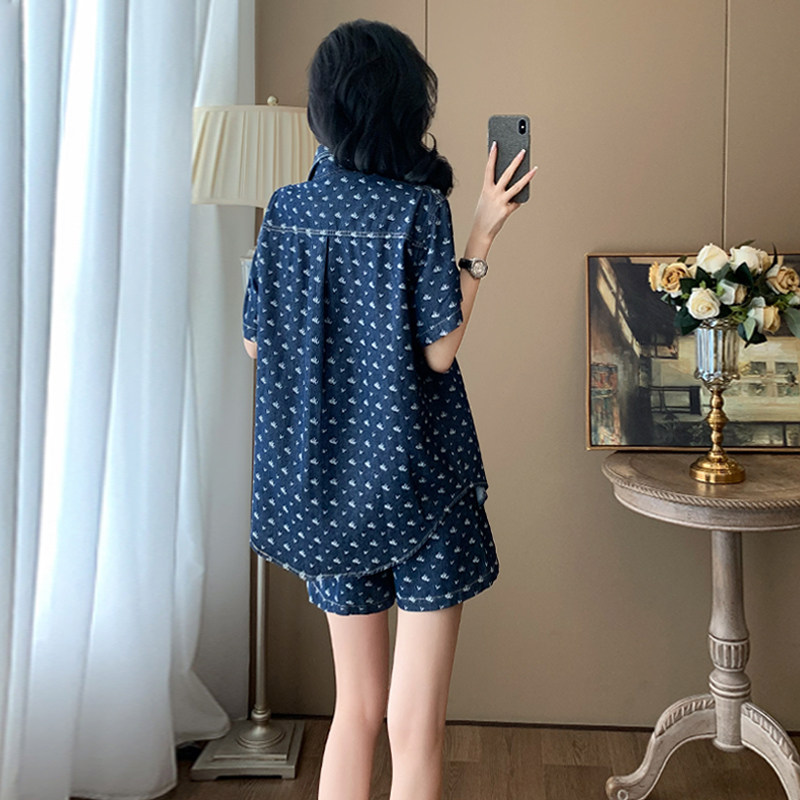 个性简约夏季新款套装女高级感时尚洋气蓝色短袖衬衫短裤两件套潮,女装套装/套裙,2C310