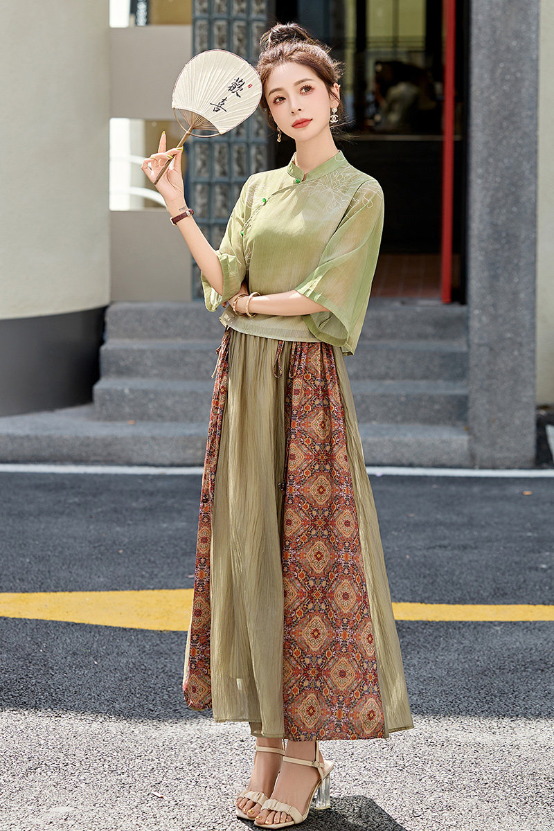 新中式国风印花套装裙女2025夏新款复古盘扣禅意茶服半身裙两件套,女装套装/套裙,吾爱衣