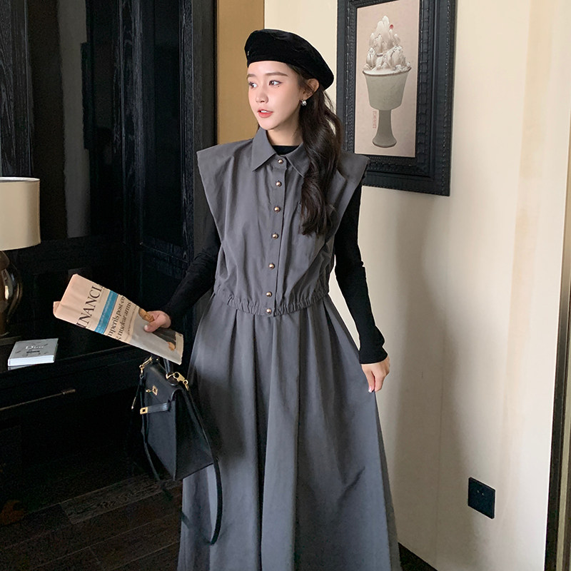 法式灰色连衣裙套装女2025春秋新款高级感收腰显瘦马甲长裙两件套图片