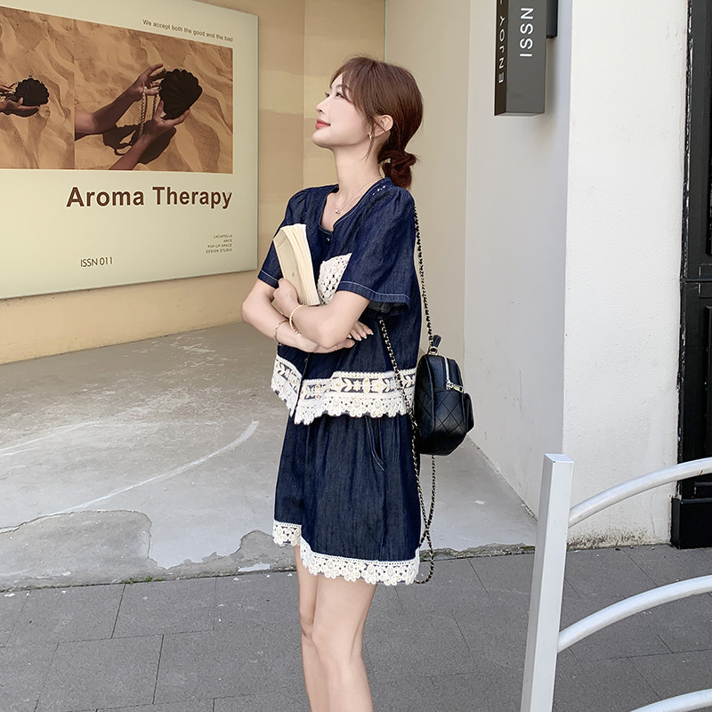 现货2D078-T2063-P145K218蕾丝拼接牛仔套装短裤两件套,女装套装/套裙,2D078