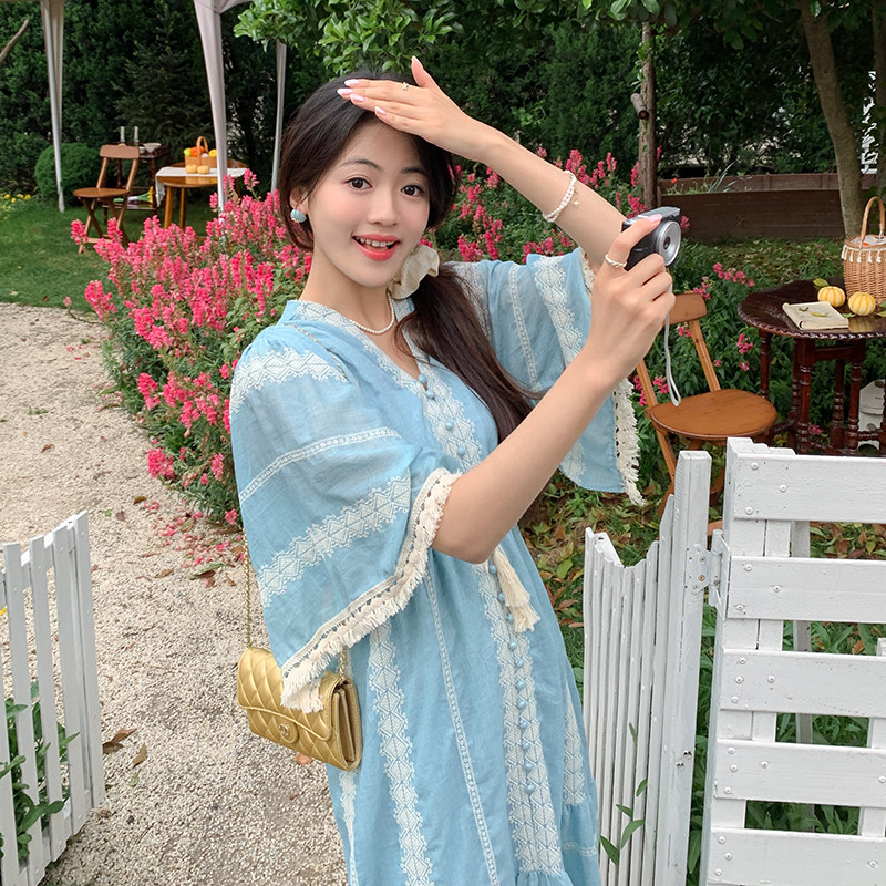 法式甜美波西米亚度假风连衣裙女2025夏季新款韩版收腰显瘦茶歇裙,女装连衣裙,2C122