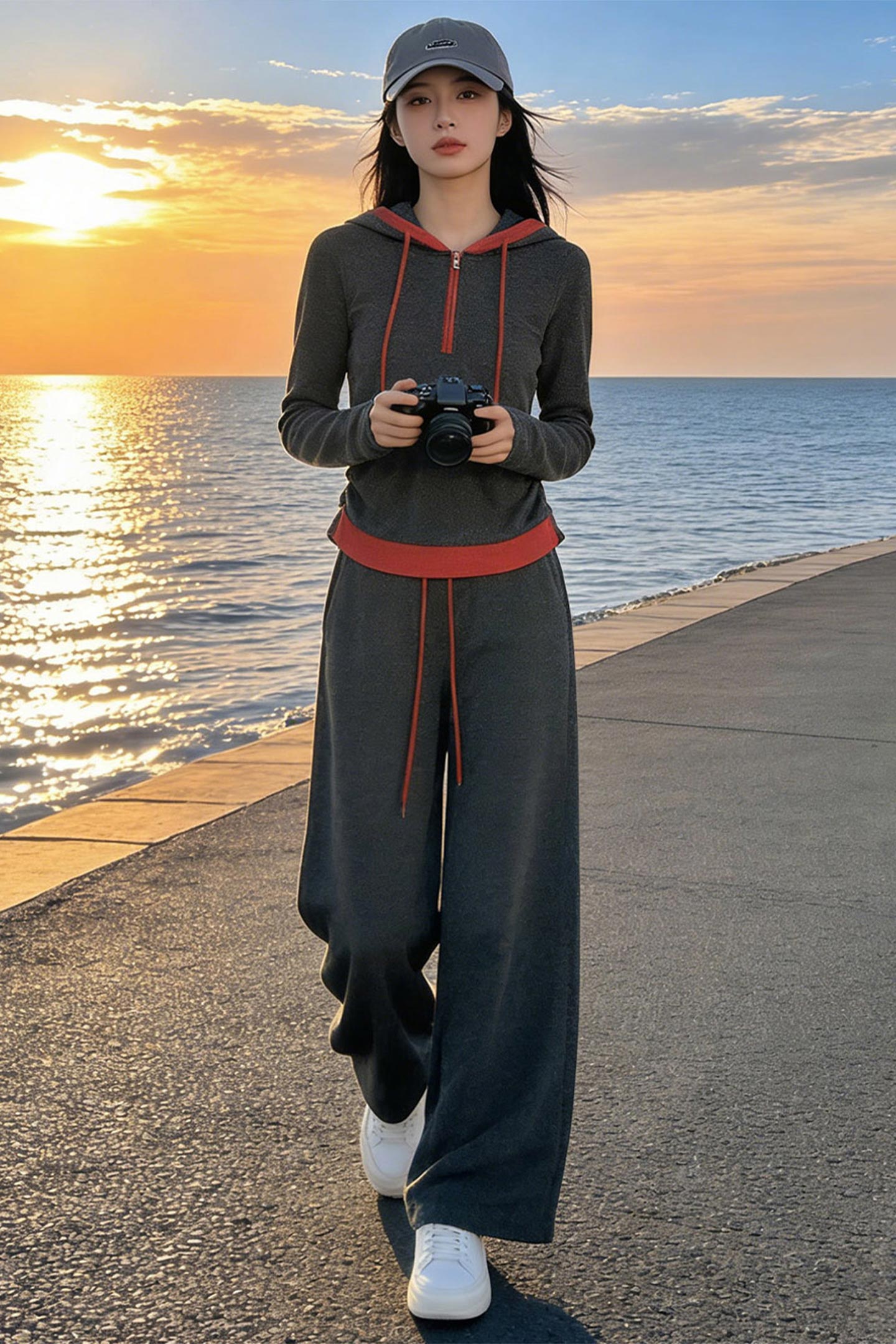 慵懒风一整套穿搭女春季时尚休闲撞色拼接长袖上衣阔腿长裤两件套,女装套装/套裙,2C310