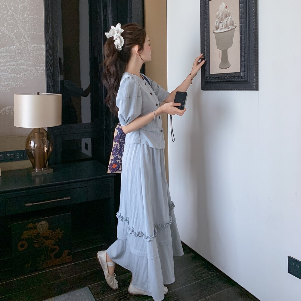 法式INS风休闲风时尚套装拼接减龄裙子时尚气质收腰甜美套装短袖,女装套装/套裙,2C212