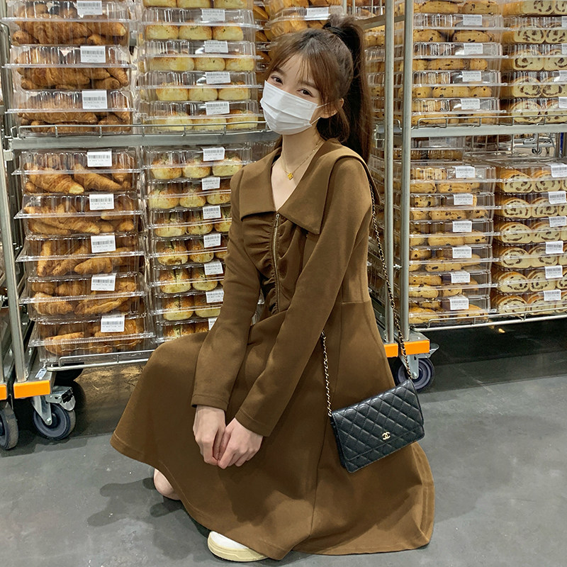 法式咖色海军领长袖连衣裙女2024春秋新款小个子设计感显瘦A字裙图片
