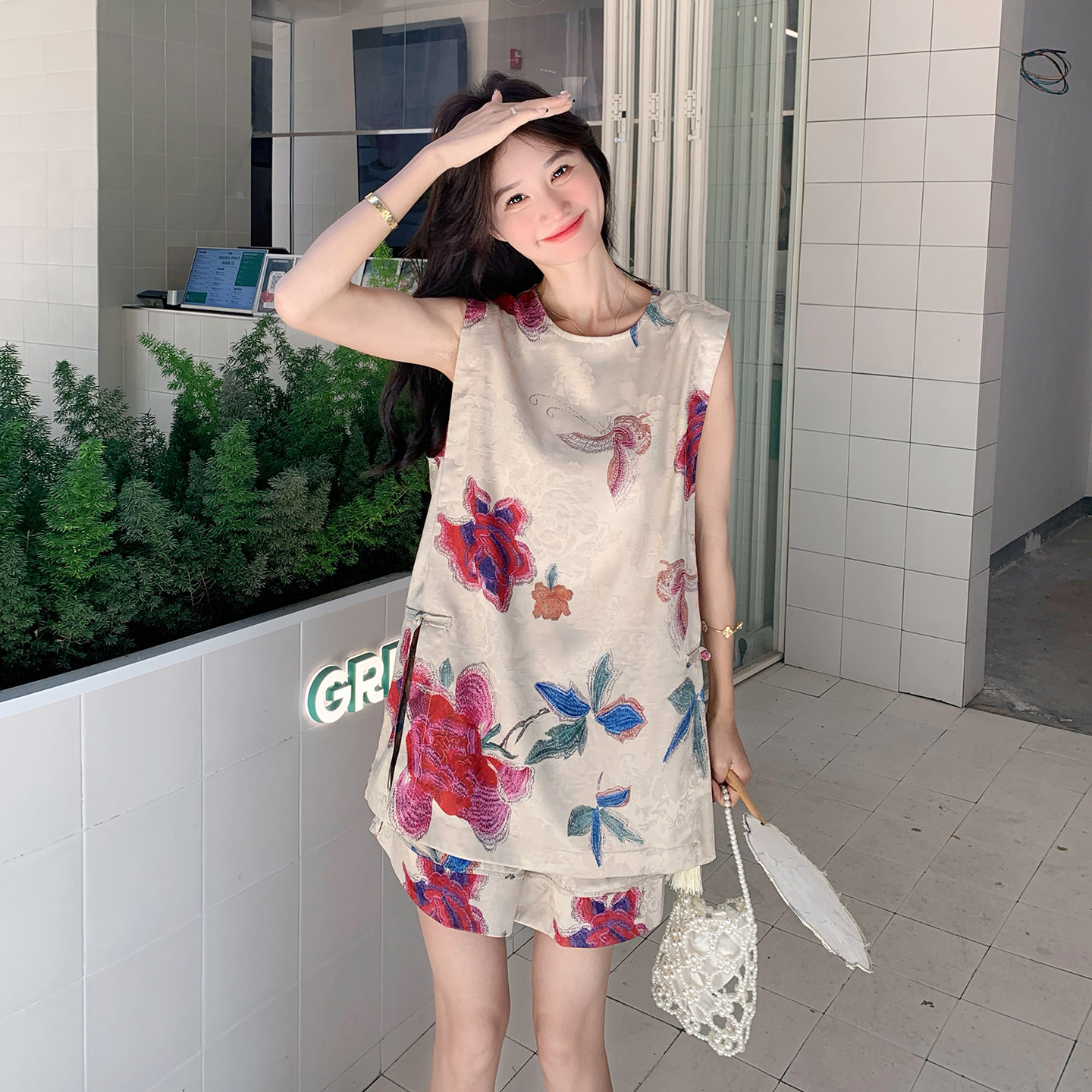 碎花无袖新中式衬衫短裤套装女夏清冷系两件套巨好看大方得体流行,女装套装/套裙,2D043