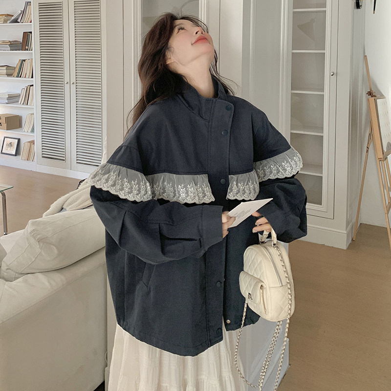 藏青色蕾丝花边休闲外套女2025春秋季新款韩系慵懒风宽松夹克上衣,女装短外套,2C203