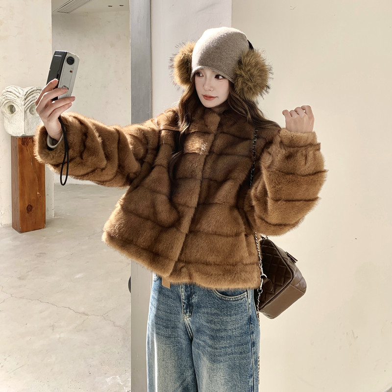 现货2B081-7705-P185-K268高端仿水貂立领皮毛一体外套,女装皮草,2B081
