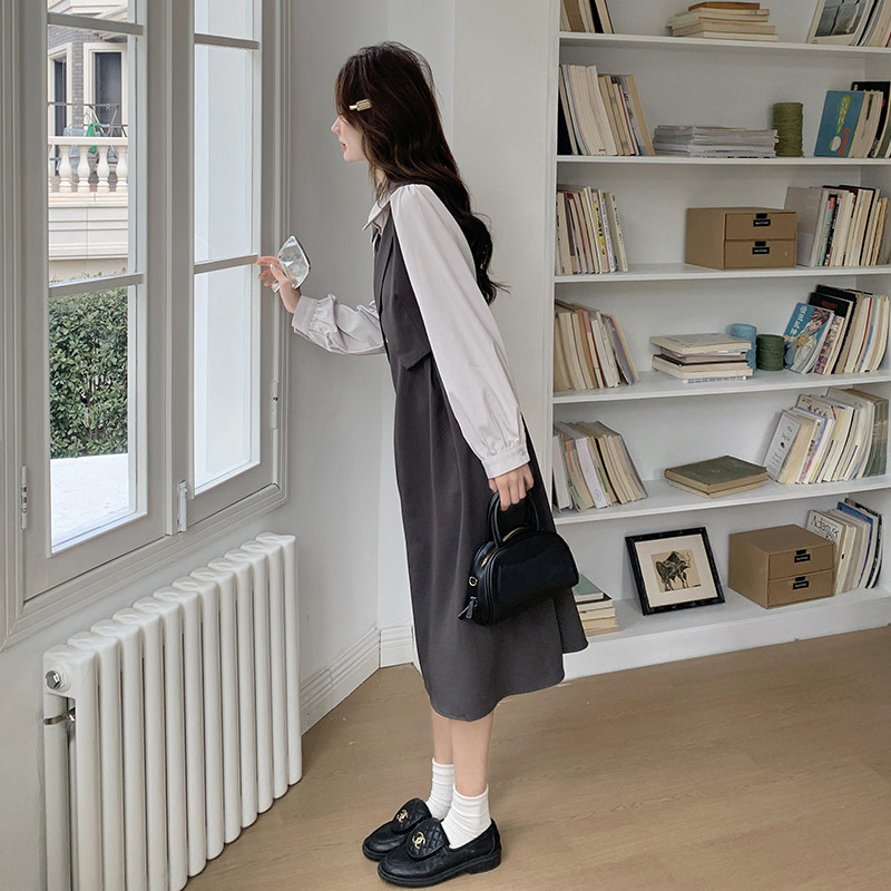 灰色拼接假两件连衣裙女春秋2025新款法式收腰学院风气质爆款流行,女装连衣裙,2C092