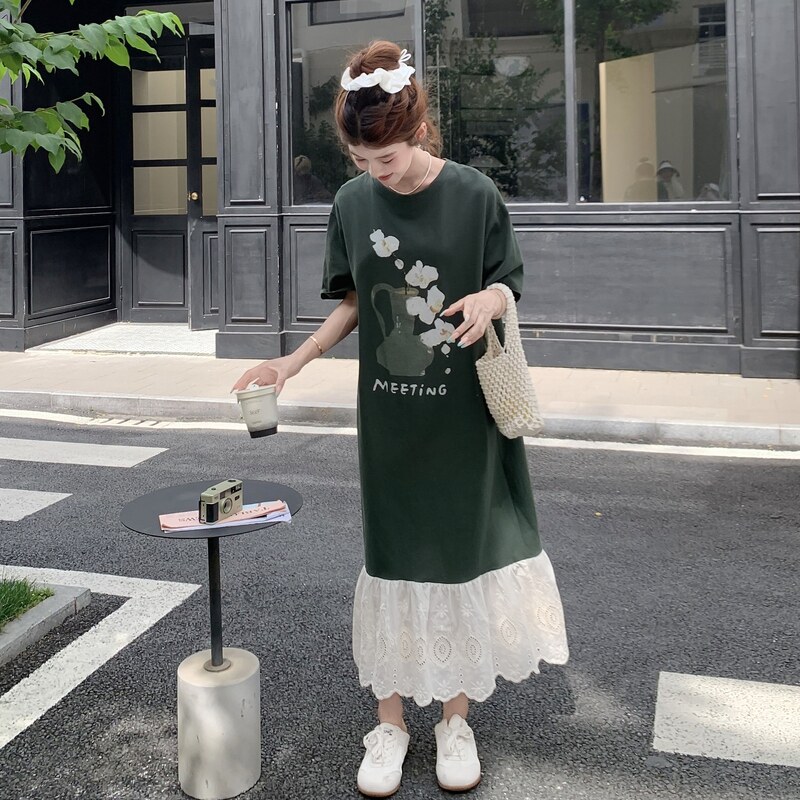 洋气减龄拼接短袖连衣裙女2025夏季新款韩版宽松甜美中长款T恤裙,女装连衣裙,2C113