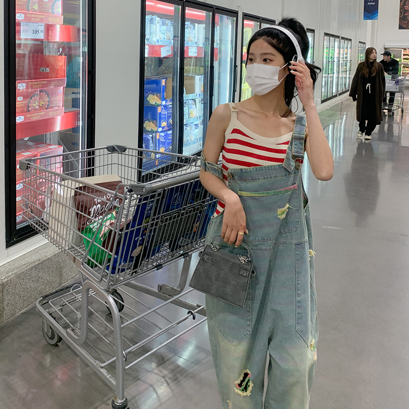 美式复古减龄牛仔背带裤女2023春季新款小个子宽松工装直筒阔腿裤,女装牛仔裤,2C292