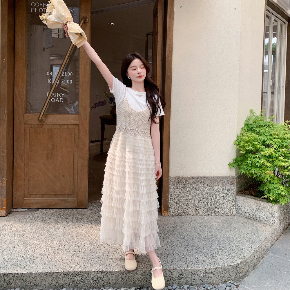 白色拼接网纱连衣裙套装女法式氛围海边度假超仙T恤吊带裙两件套,女装连衣裙,2C212