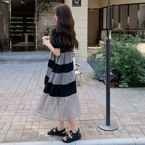 现货新款 设计感宽松休闲条纹撞色连衣裙 p115k168图片