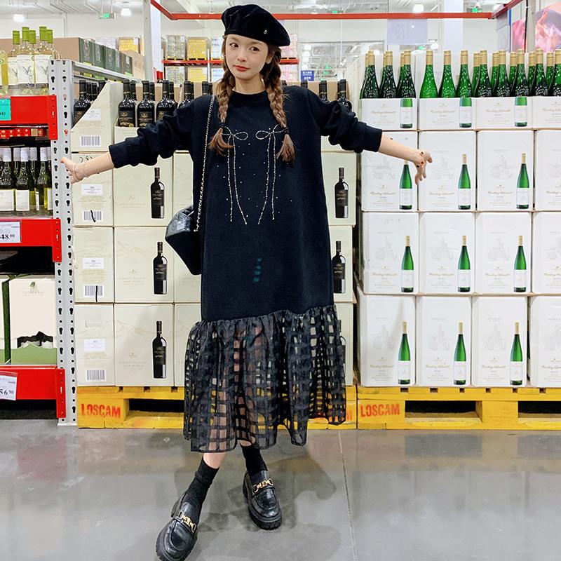 黑色蝴蝶结连衣裙女2025春季新款韩系超好看宽松减龄网纱拼接长裙,女装连衣裙,2D043