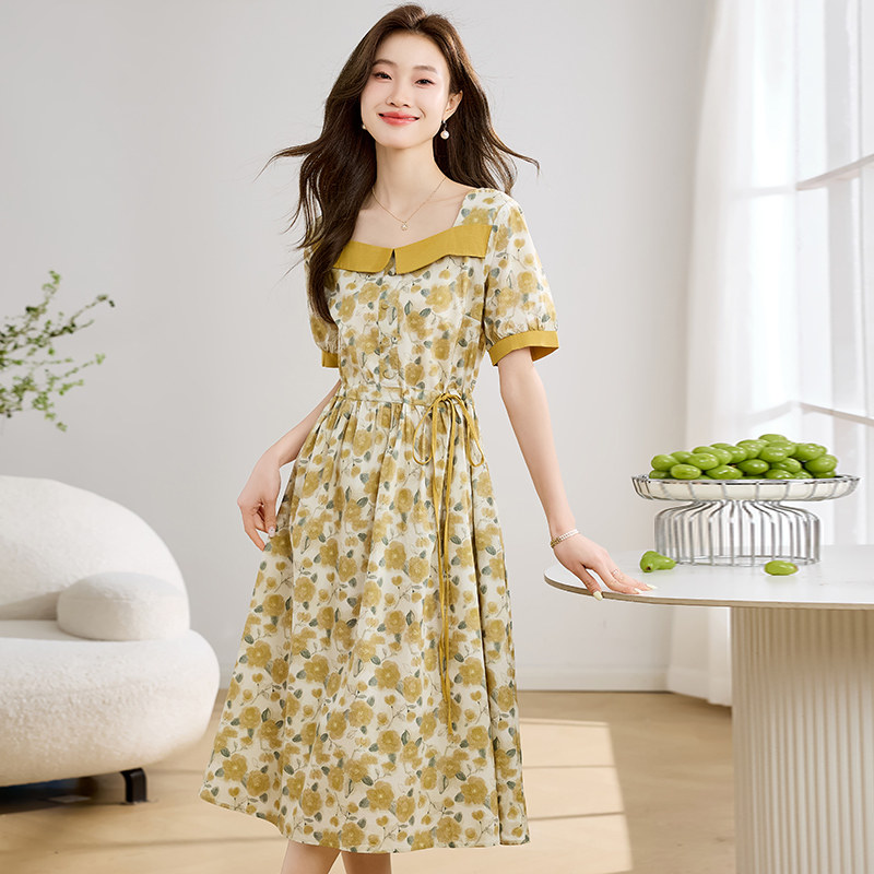 纯棉碎花连衣裙女夏季2025新款法式方领系带收腰显瘦减龄妈妈裙子,女装连衣裙,1D073
