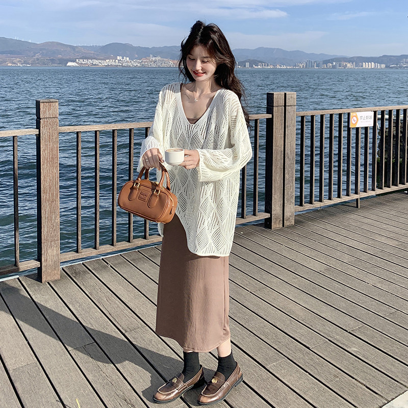 镂空罩衫吊带连衣裙两件套女2025春夏新款法式度假风气质复古长裙,女装套装/套裙,2C177