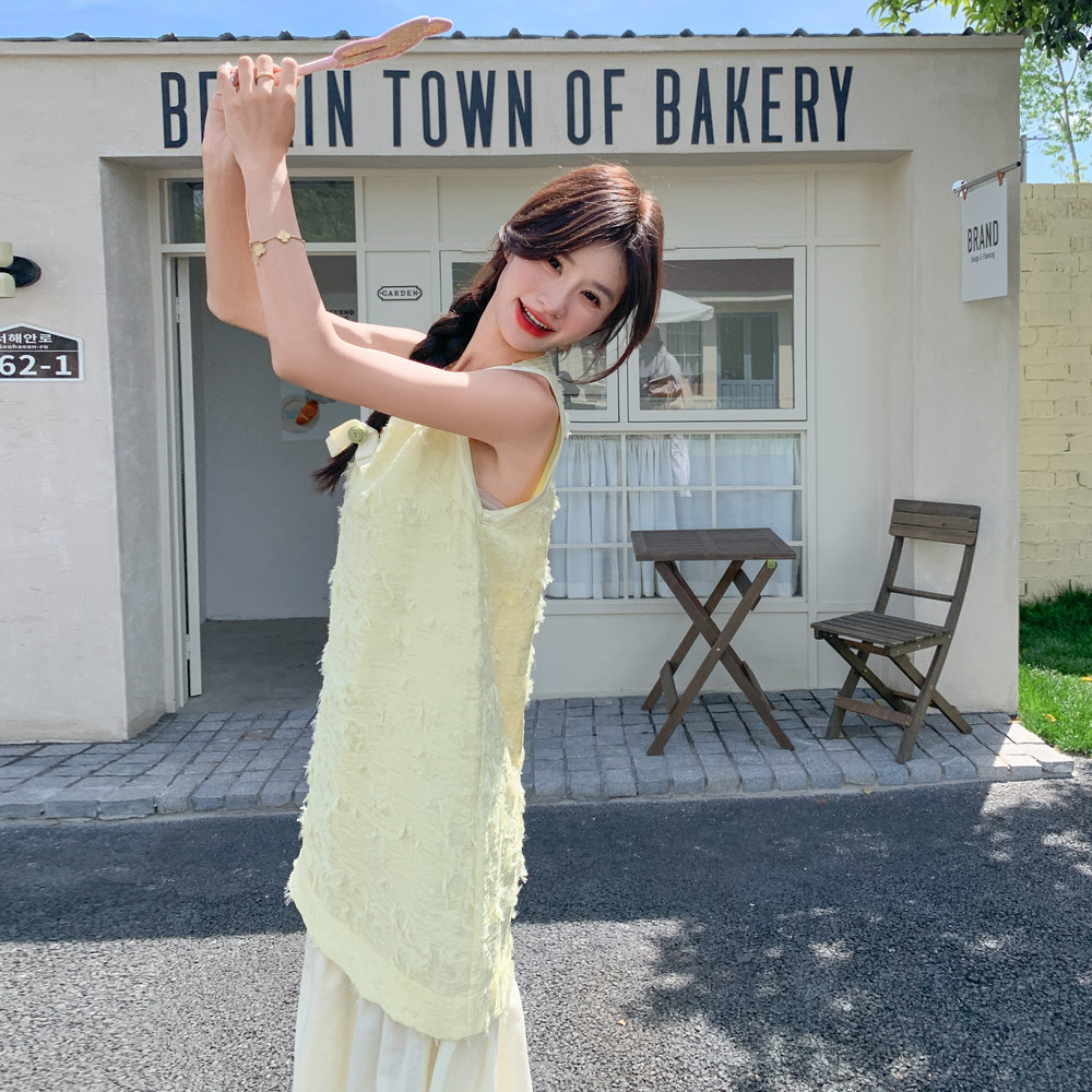 法式复古假两件拼接毛毛连衣裙女2025夏季超好看度假风露背连衣裙,女装连衣裙,2C259