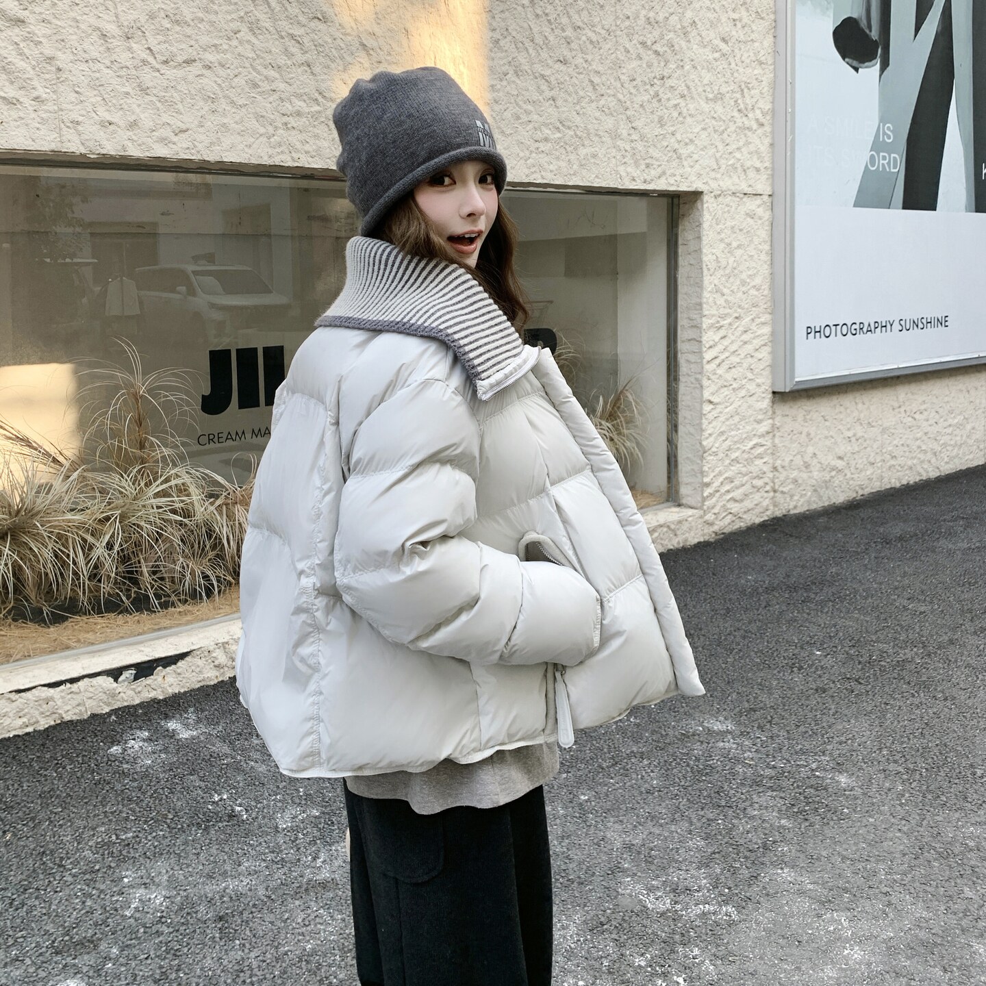 【档口现货】浅灰色毛线大翻领休闲棉服2C233-830-P235-K349,女装棉衣/棉服,2C233