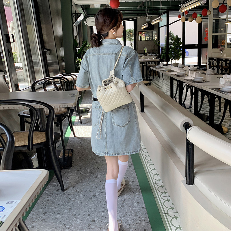 港风复古水洗polo牛仔连衣裙女夏季2025新款气质收腰显瘦A字短裙,女装连衣裙,2C057