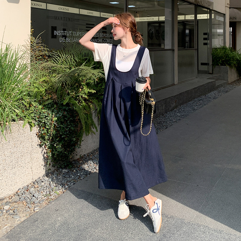 韩版学院风减龄连衣裙套装女2025夏季新款一整套T恤背带裙两件套,女装套装/套裙,2D043