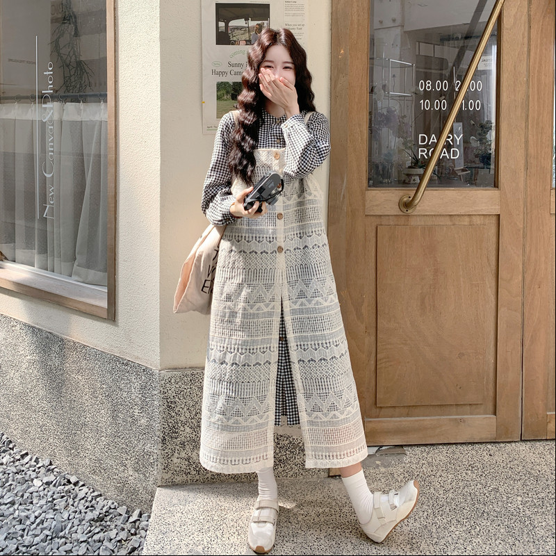 叠穿条纹连衣裙时尚套装女2025秋季新款爆款减龄背带裙超火两件套,女装套装/套裙,2C323