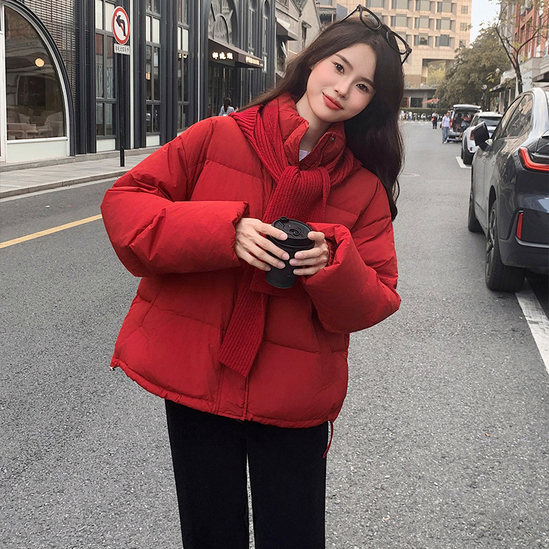 韩系短款新年红加厚羽绒服女2025冬季新款显瘦保暖立领白鸭绒外套,女装羽绒服,2C009