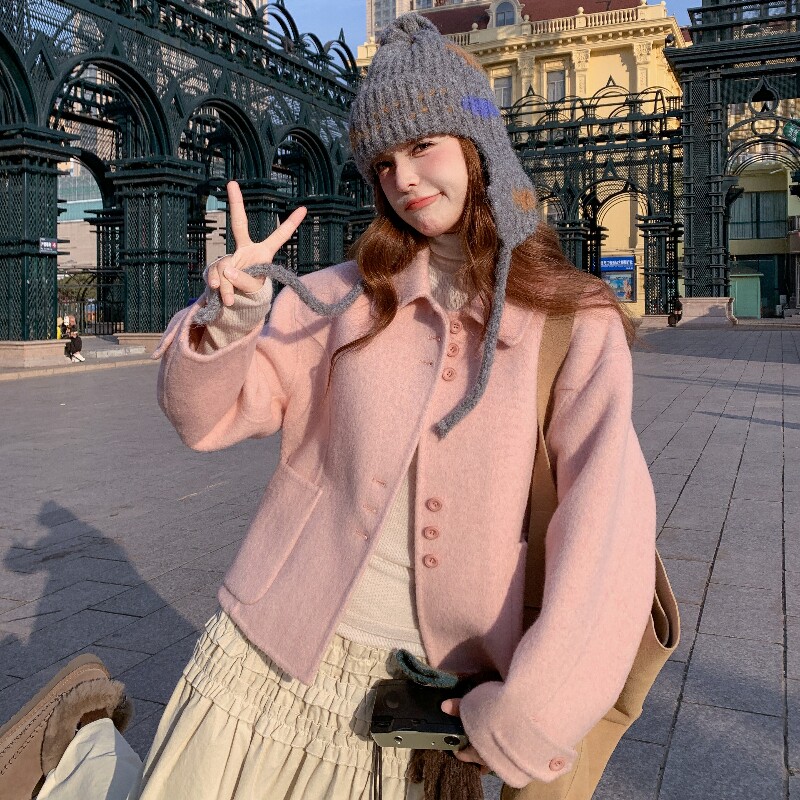 甜美巨好看粉色双面呢羊毛外套女秋冬2025新款小个子流行爆款大衣,女装毛呢外套,2C320