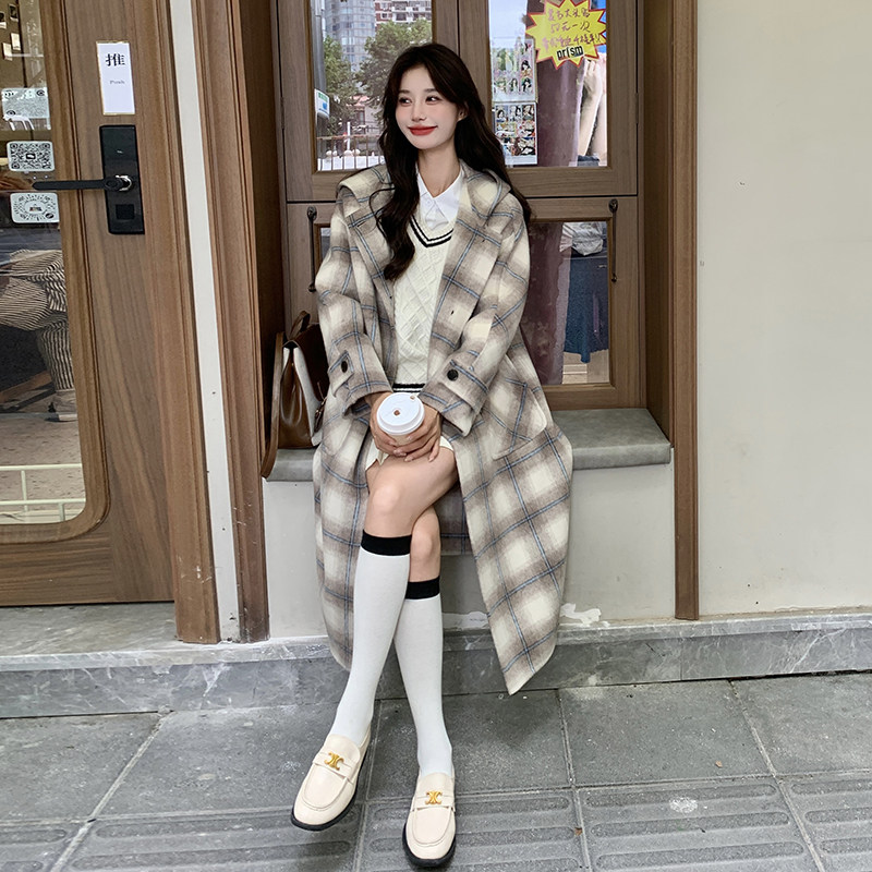 韩版格纹双面呢羊绒大衣女2025年秋冬季新款加厚显瘦羊毛呢子外套,女装毛呢外套,2C220