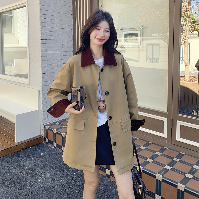 卡其色撞色拼接风衣外套女秋季2025新款英伦风时尚休闲chic大衣潮,女装风衣,2C122